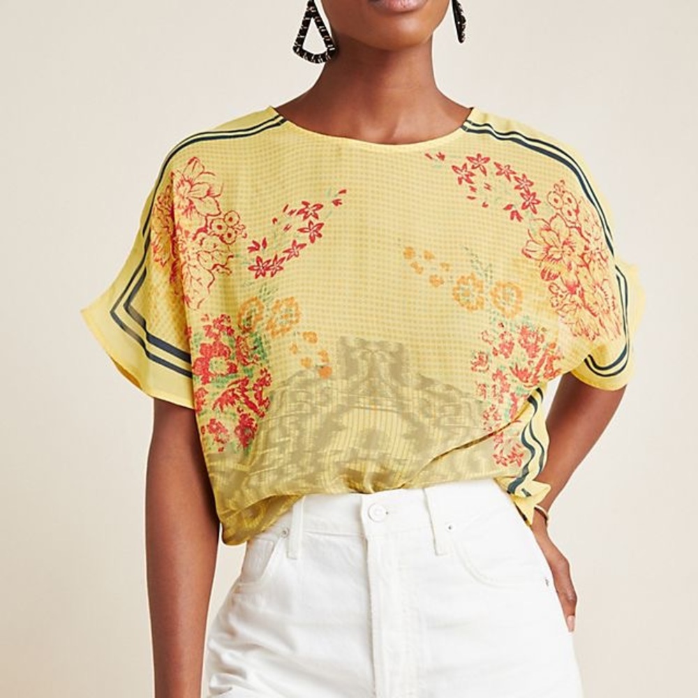 Anthropologie Kavita Bhartia Dallas Floral Yellow Boxy Sheer Blouse